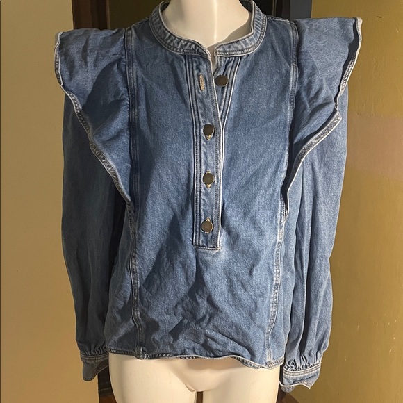 LOFT  Denim Ruffle Shoulder Button-Front Pullover - Picture 2 of 5